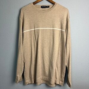 Nautica Y2K Mens Long Sleeve T-Shirt Crew‎ Neck Beige with White Stripe Large